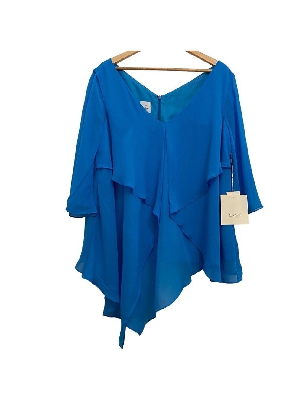 LT Lanting Bride Blue Chiffon Plus XXL Asymmetric Blouse Resort Poolside Chic - Picture 2 of 16